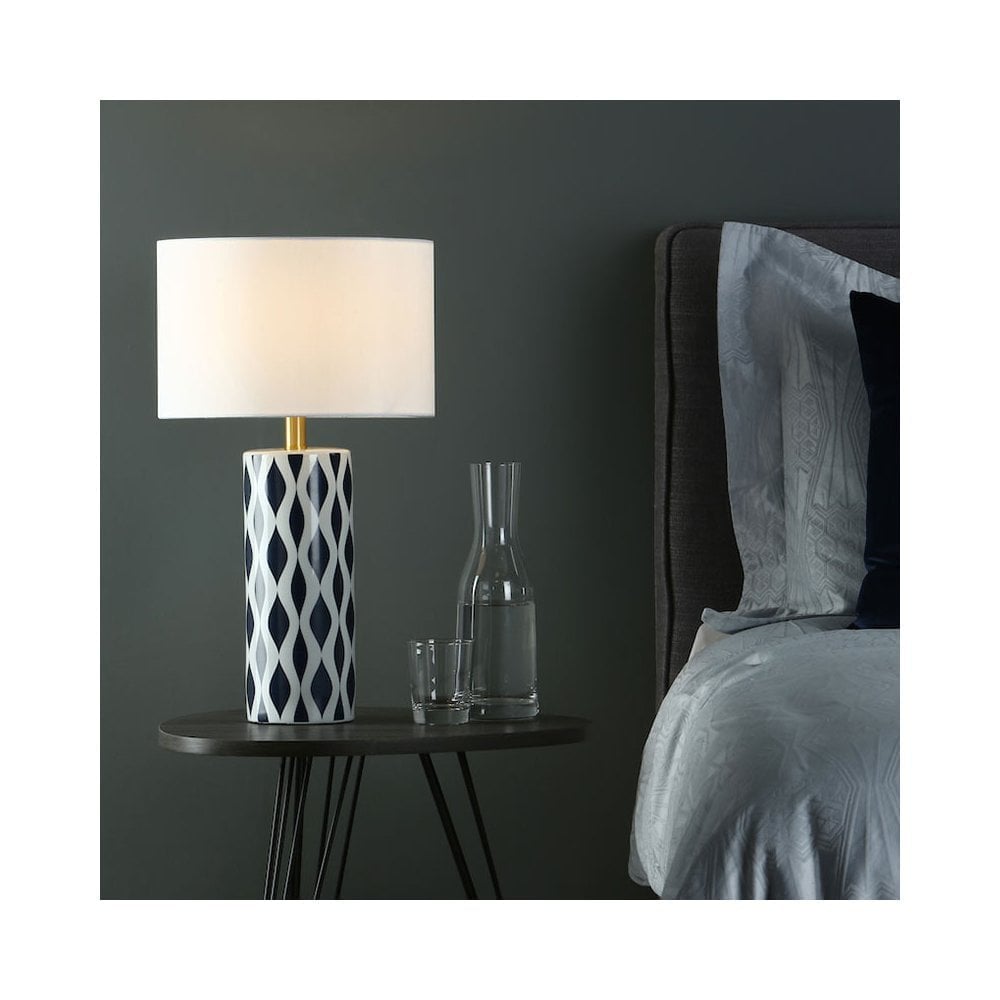 Ceramic bedside lamp - Dar Lighting Weylin Single Light Ceramic Table Lamp in Navy and White Finish Complete with Shade
