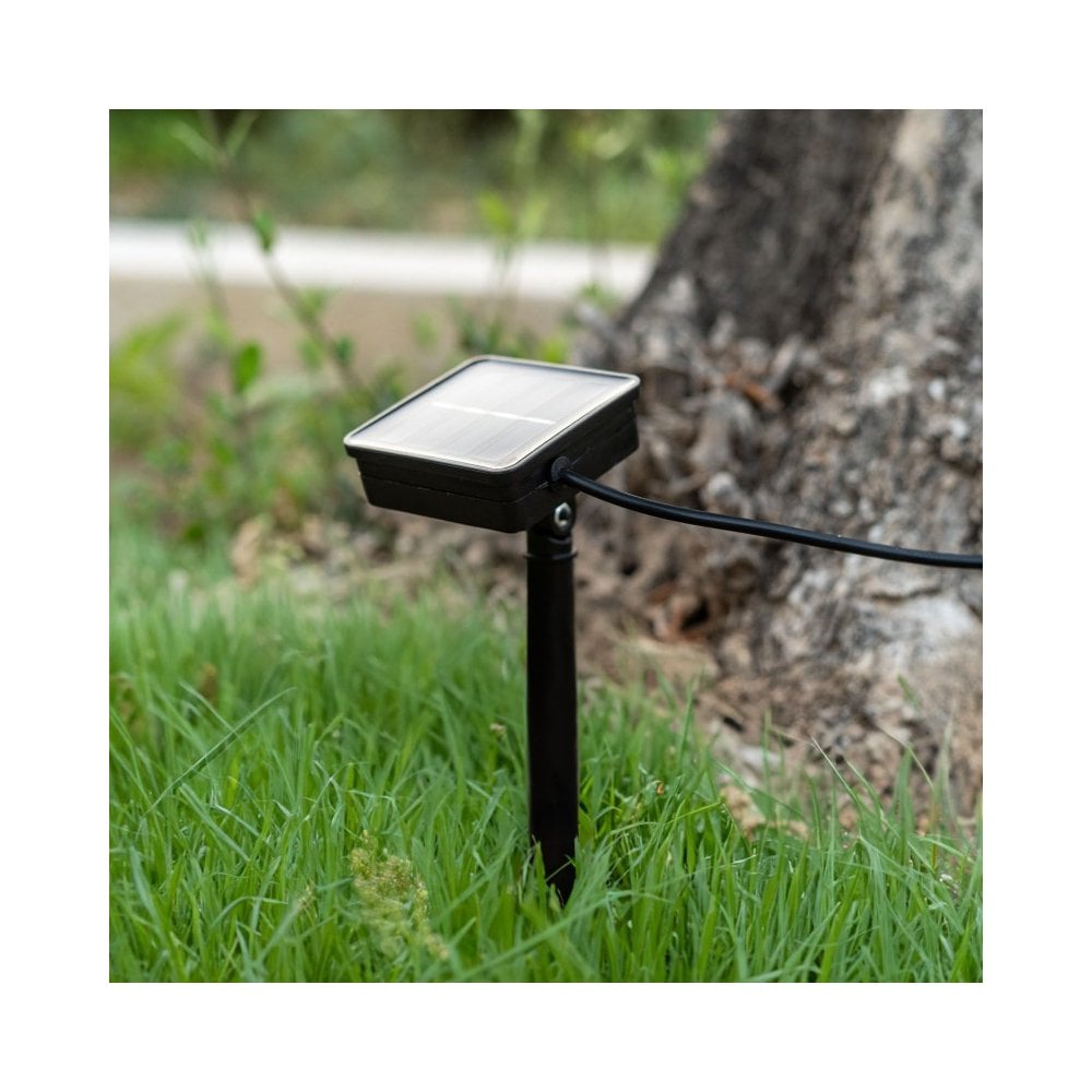 Outdoor solar light panels stuck into the grass with a spike absorbing sunlight.