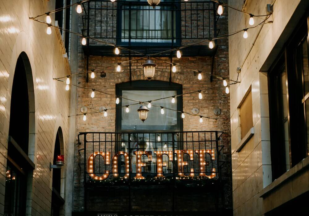 String lights attached to brick