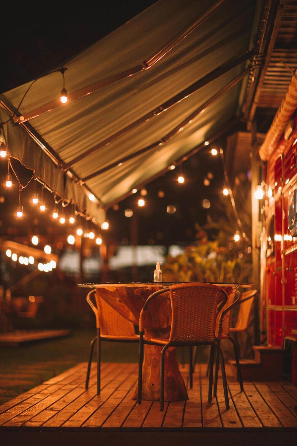 String lights on a patio awning.