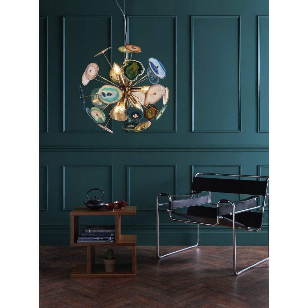 Dar Lighting Achates 9 Light Ceiling Pendant in Polished French Gold Finish with Agate Detailing