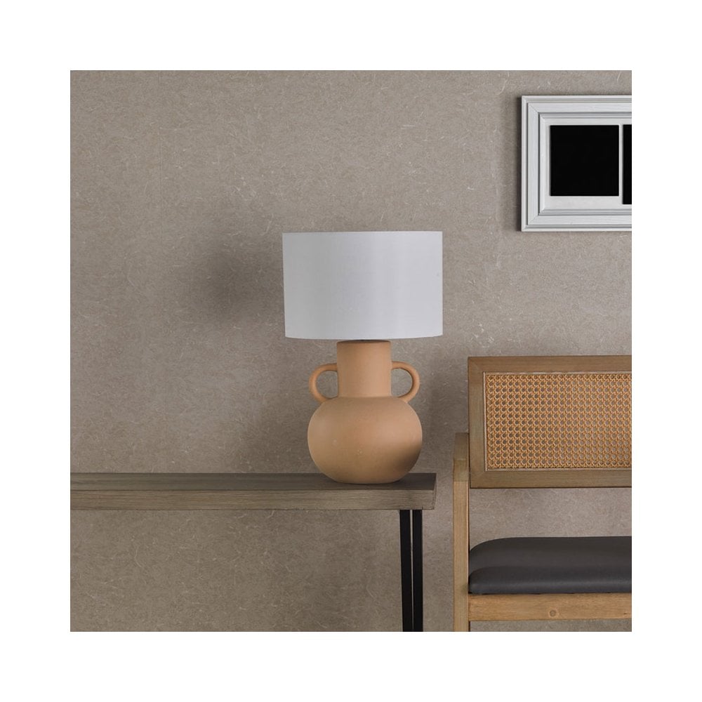 Dar Lighting Urn Single Light Ceramic Table Lamp In Terracotta Finish With Linen Shade