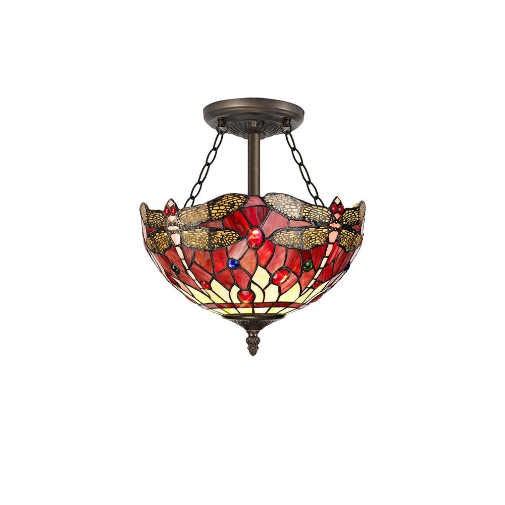 Discovery Lighting
Evelynn 3 Light Semi-Flush Ceiling Light In Aged Antique Brass Finish with Purple, Pink and Red Tiffany Glass Shade