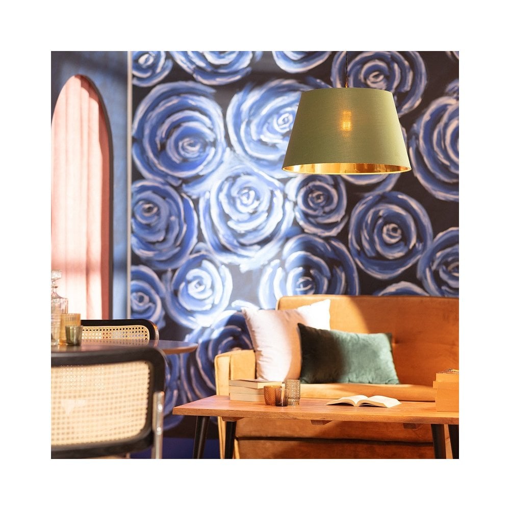 Edit Baharia Single Light Ceiling Pendant Fitting in Dark Sage Green Fabric with Inner Gold Lining